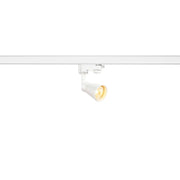 Mini Q-Tech spotlight including 3-circuit adapter, white, mounted on a white track.