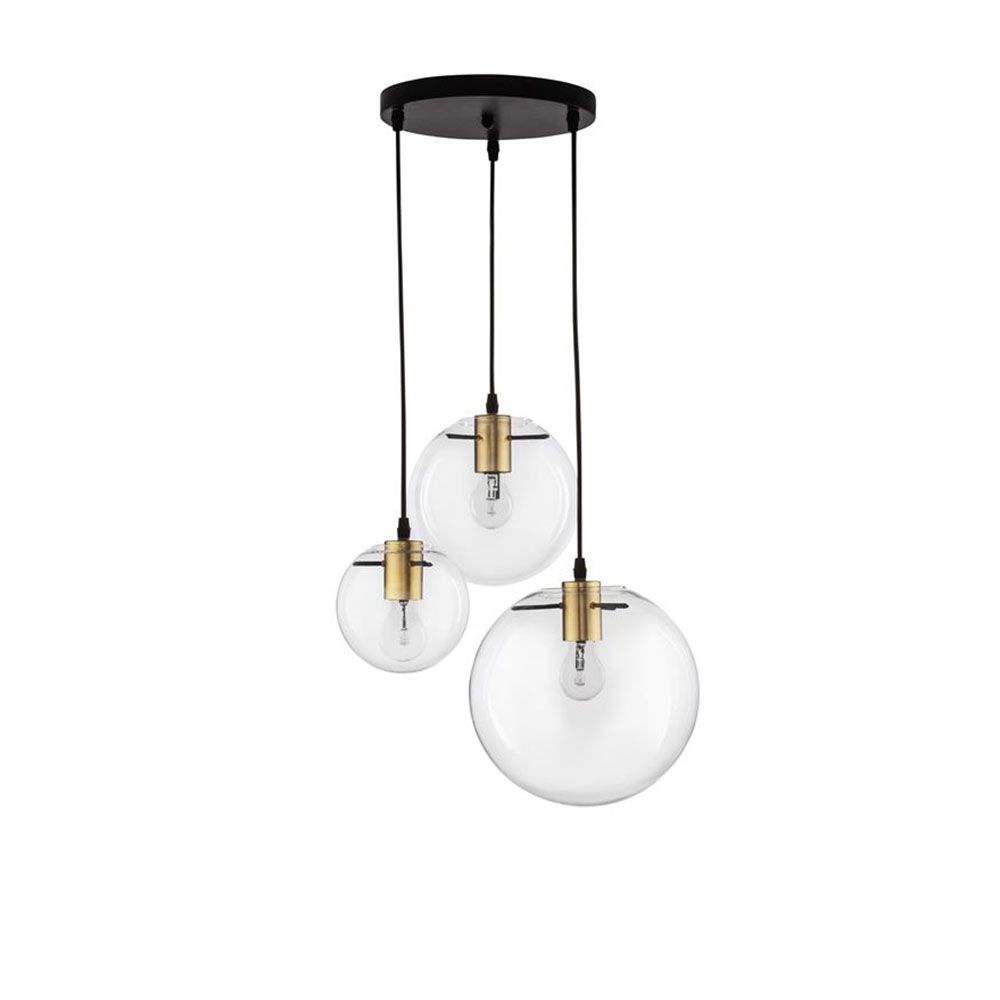 Moderne Mirale Kugel-Hängelampe aus Glas mit goldenen Details, ideal für Ess- und Wohnzimmer.