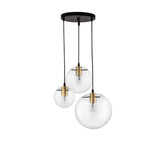 Moderne Mirale Kugel-Hängelampe aus Glas mit goldenen Details, ideal für Ess- und Wohnzimmer.