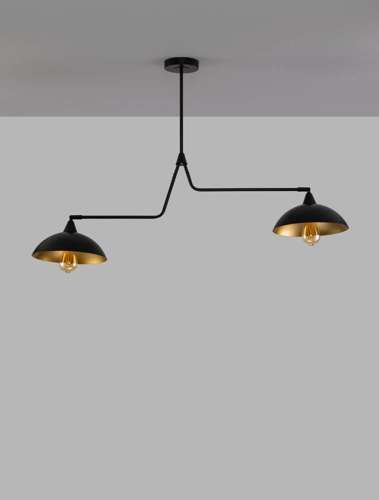 Mirba Pendelleuchte 2-flammig Schwarz, Gold mit schwenkbaren Armen für individuelle Lichtführung.