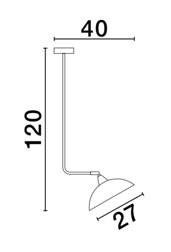 Mirba Pendelleuchte Schwenkbar E27 technische Zeichnung mit Abmessungen 40x120x27 cm.