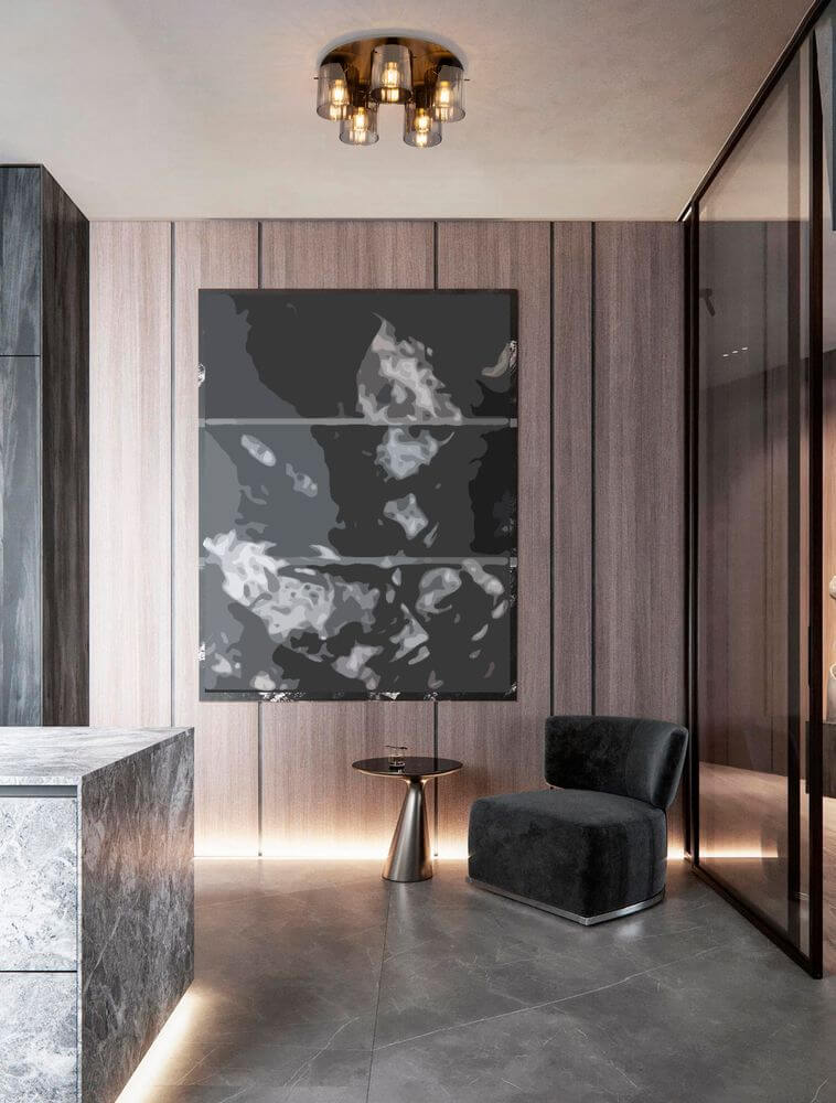 Mirbi Deckenleuchte 5-flammig Ø 50cm Schwarz, Rauch in modernem Interieur mit eleganter Kunst.