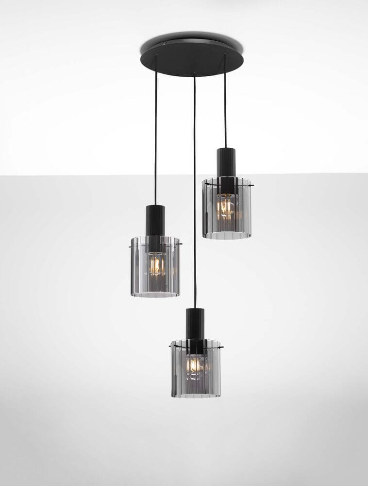 Mirbi Pendelleuchte 3-flammig Ø 45cm Schwarz, Rauch mit elegantem Design und rauchfarbenem Glas.