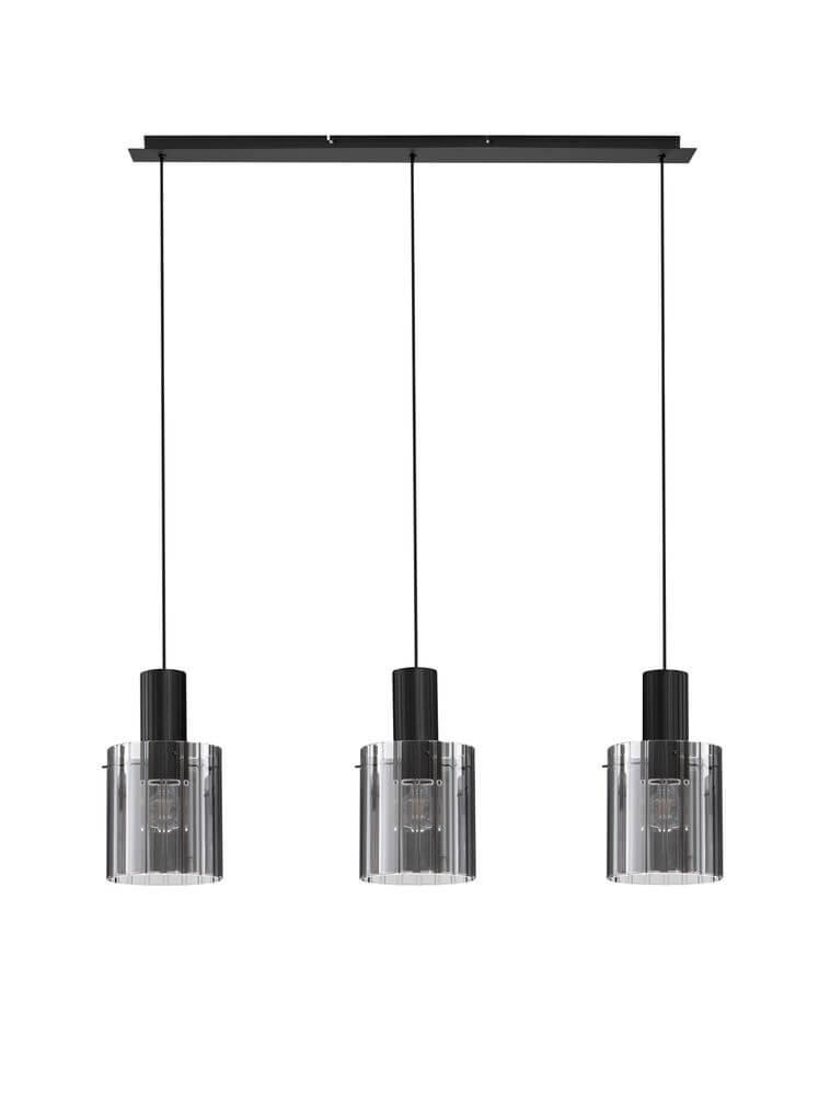 Mirbi Pendelleuchte 4-flammig Schwarz, Rauch mit drei rauchfarbenen Gläsern und elegantem Design.