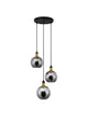 Mirro Pendelleuchte 3-flammig Ø 30cm Gold, Schwarz, Rauch mit rauchfarbenen Glasschirmen und modernem Design.