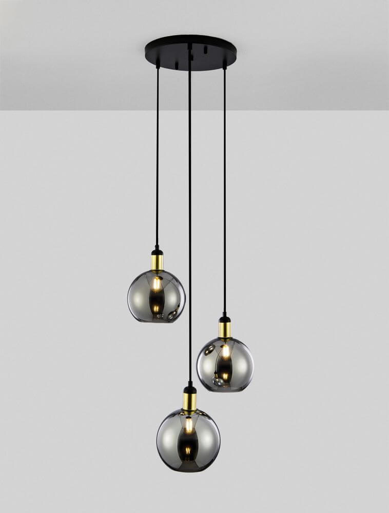 Mirro Pendelleuchte 3-flammig Ø 30cm Gold, Schwarz, Rauch mit rauchfarbenen Glasschirmen