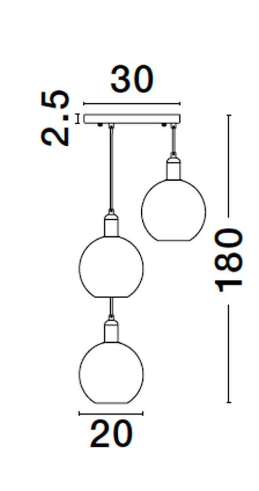Mirro Pendelleuchte 3-flammig Ø 30cm Gold, Schwarz, Rauch - technische Zeichnung mit Abmessungen der Leuchte.