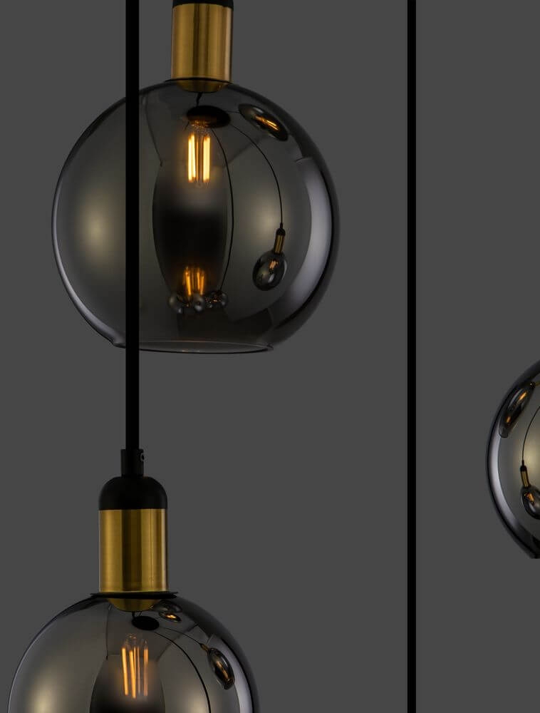 Mirro Pendelleuchte 5-flammig Ø 50cm Gold, Schwarz, Rauch in modernem Design mit Rauchglaskugeln.