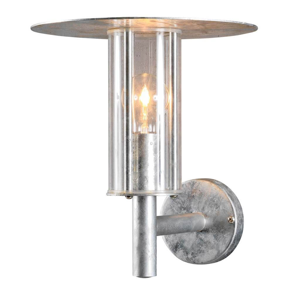 Mode Außen-Wandleuchte galvanisierter Stahl, klares Polycarbonat Glas an Wand montiert mit Glühbirne.