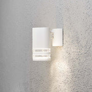 Modena outdoor wall light white, clear acrylic glass, reflector installed on a wall.