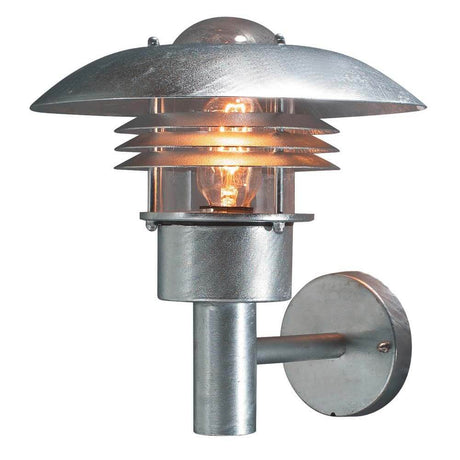 Modena zewnętrzna lampa ścienna ze stali galwanizowanej, przezroczyste szkło z ciepłym światłem i nowoczesnym designem.