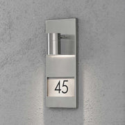 Modena Außen-Wandleuchte mit Hausnummern Edelstahl, klares Glas, Reflektor, modernes Design, Hausnummer 45.
