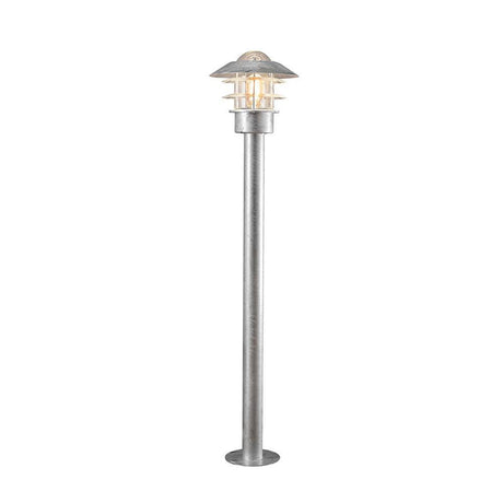 Modena lampada da terra in acciaio zincato, vetro trasparente con design moderno e materiale robusto.