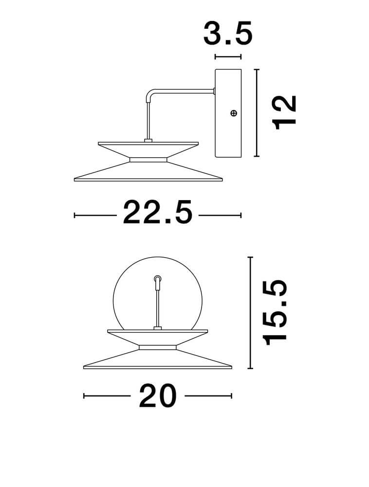 Morfi Wandleuchte 3000K Schwarz, Gold – technische Skizze mit Maßen (B 22.5 cm, T 20 cm, H 15.5/12 cm)