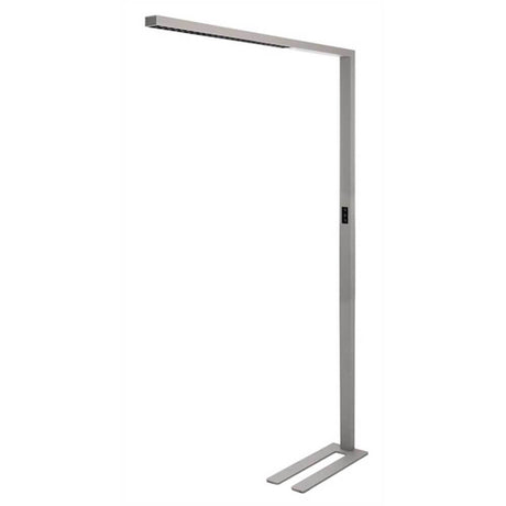 Silberne LED Stehlampe mit Bewegungs- und Tageslichtsensor für ergonomische Arbeitsplatzbeleuchtung.