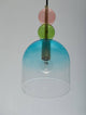 Murano Pendelleuchte Ø 16cm Gold, Mehrfarbig mit buntem, mundgeblasenem Glas-Dome in Blau, Grün und Pink.