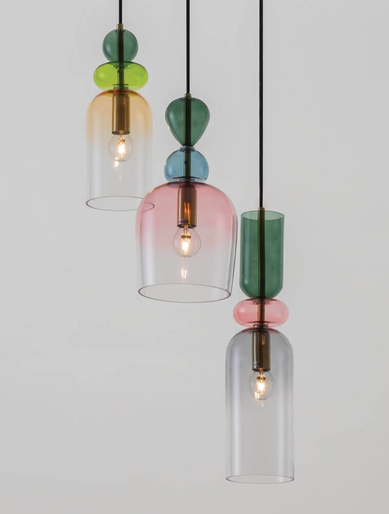 Murano Pendelleuchte 3-flammig Ø 41,7cm Gold, Mehrfarbig – dreifarbige Glas-Pendellampen mit Golddetails, Glossy Dark Green Pink Light Grey