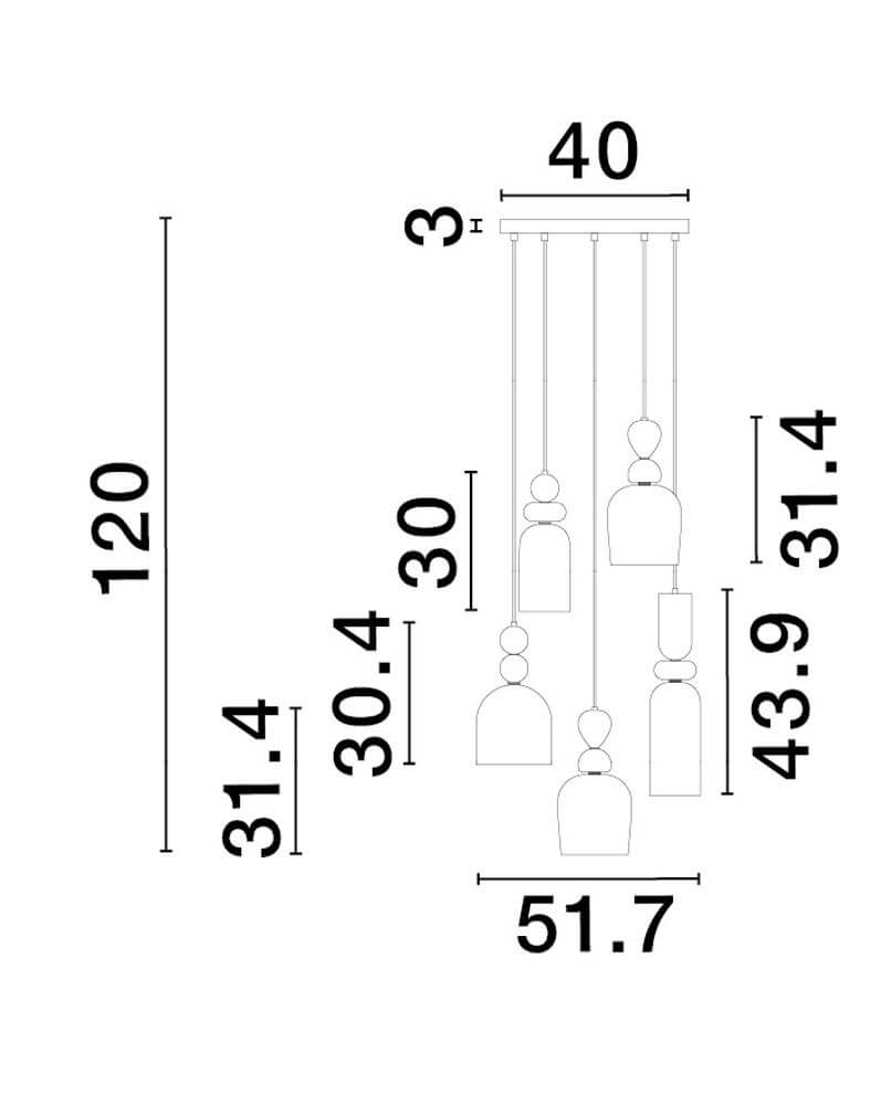 Maßskizze der Murano Pendelleuchte 5-flammig Ø 51,7cm Gold, Mehrfarbig