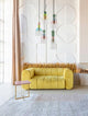 Murano Pendelleuchte 5-flammig Ø 51,7cm Gold, Mehrfarbig über einem modernen gelben Sofa in stilvollem Raum