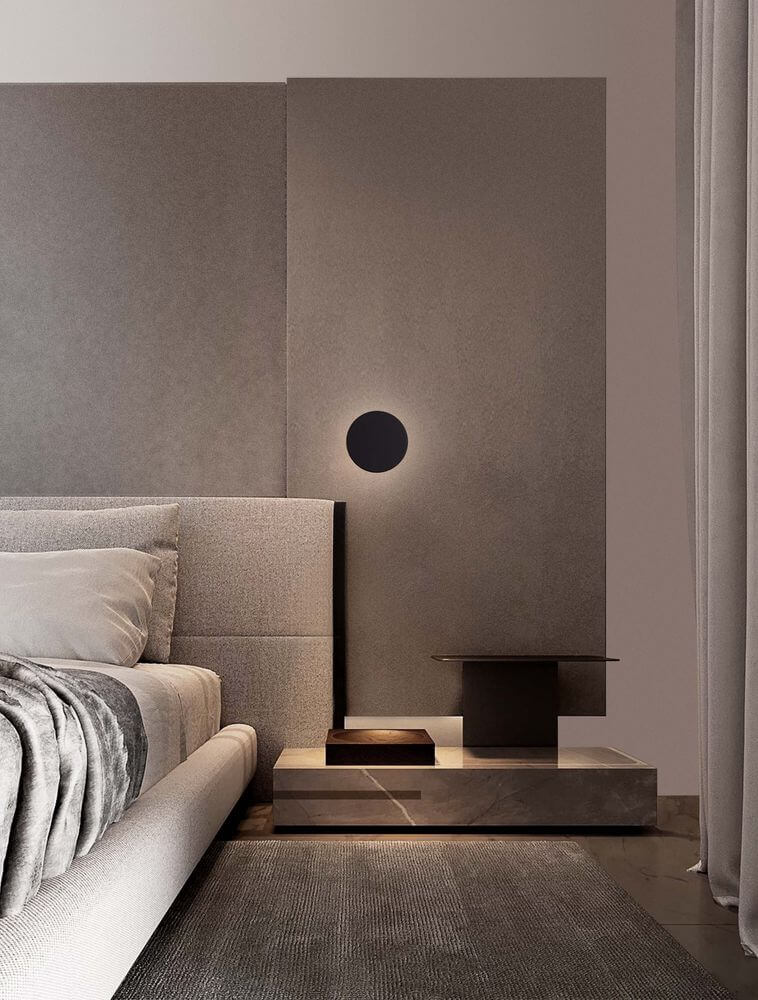 Nano Wandleuchte 3000K Schwarz an Schlafzimmerwand über Nachttisch, minimalistisches indirektes Licht
