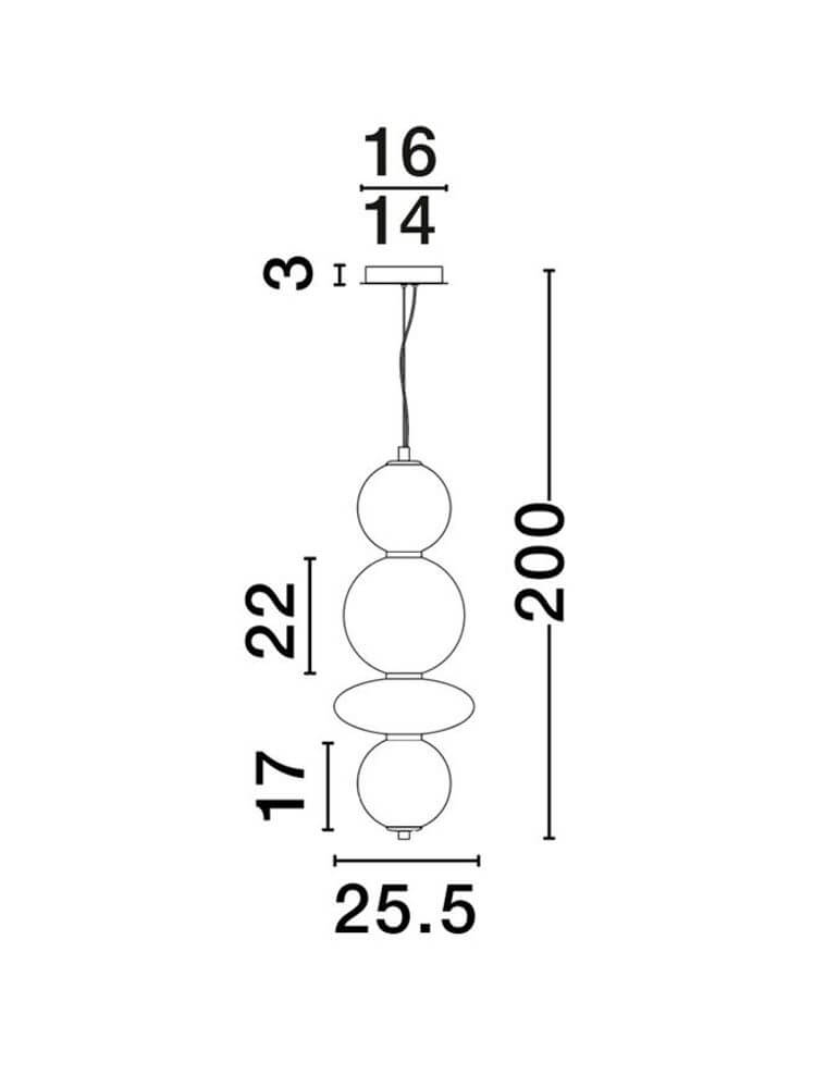 Technische Zeichnung der Navi LED Hängeleuchte Verikal mit Abmessungen und Details.