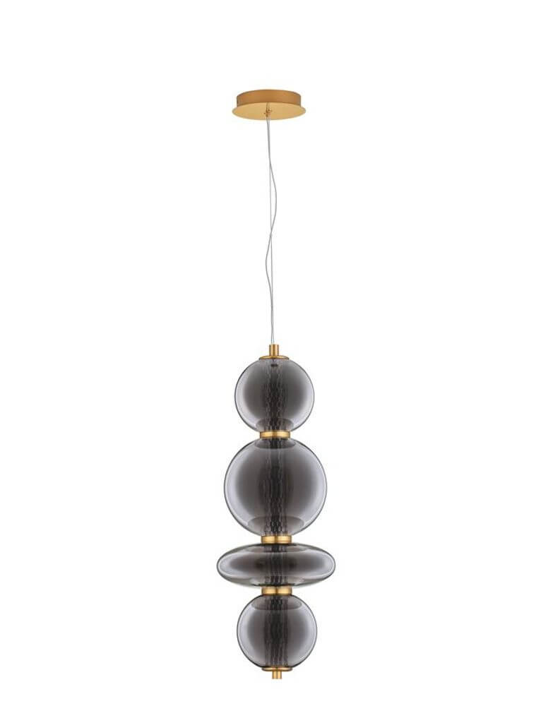 Navi LED Hängeleuchte Verikal in eleganter Ausführung mit goldfarbenem Metall und gläsernen Kugeln.