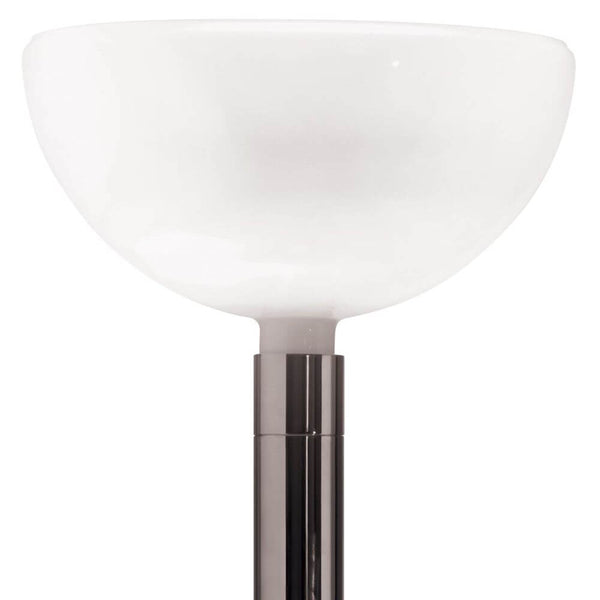Nemo Am2C classic floor lamp by Albini with an opal white glass shade and glossy steel stem.