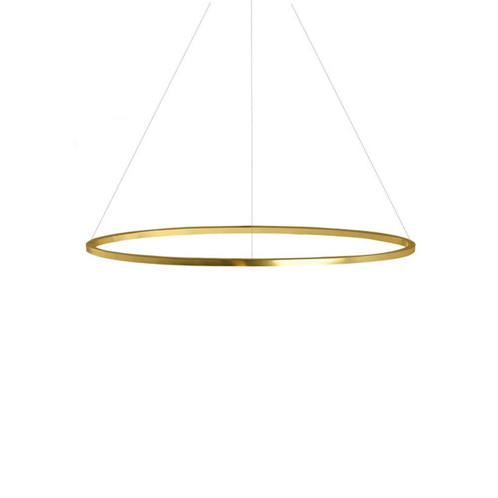 Hängelampe in gold, runde Form, ideal für indirekte Beleuchtung in modernen Wohnräumen.