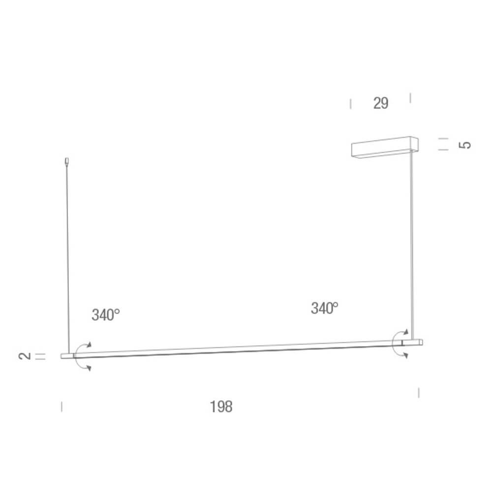 Technische Zeichnung der Nemo Linescapes Horizontal 200 LED Hängeleuchte drehbar mit Maßangaben.