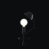 Nemo Mr. Light Tischlampe mit beweglichem Arm und matt schwarzer Metallstruktur, diffus strahlendem Leuchtobjekt.