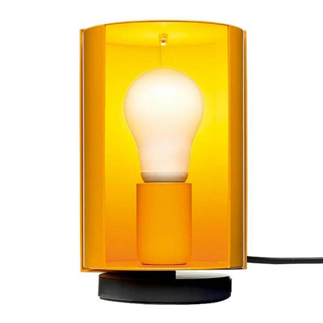 Nemo Pivotante À Poser lampe de table pivotante avec couvercle orange et ampoule sur socle noir.