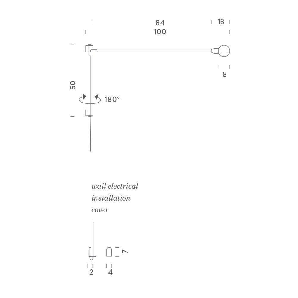 Technische Zeichnung der Nemo Potence Pivotante Mini Wandlampe 100cm mit Maßangaben und Installationsdetails.