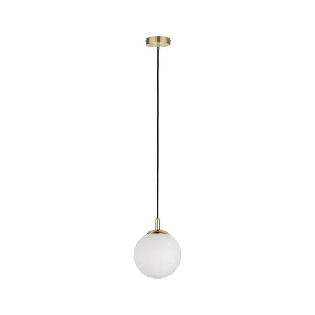 Neordic Menja Pendell max1x20W E27 Weiß Messing gebürstet hängende Pendelleuchte aus satiniertem Glas und gebürstetem Messing.