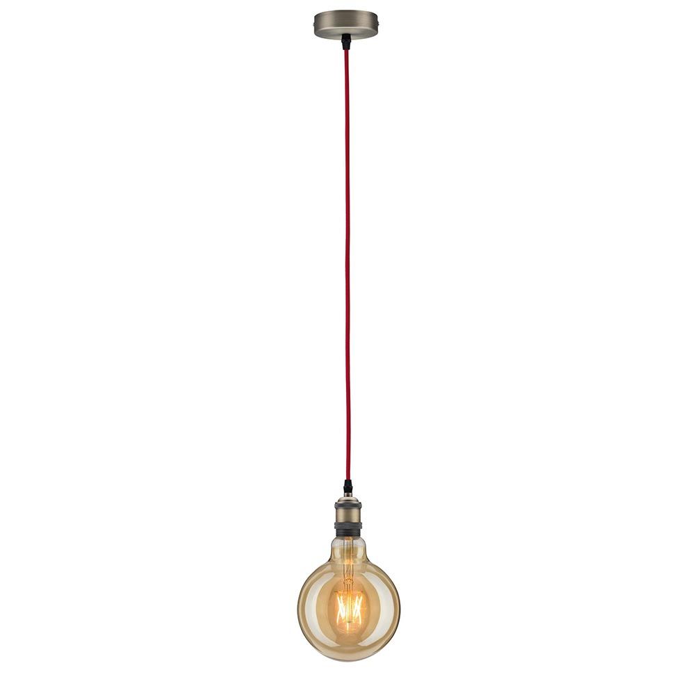 Pendelleuchte Eldar in Rot mit Nickel-Gebürsteter Fassung, stylischer Vintage-Look und dekorativem Stoffkabel.