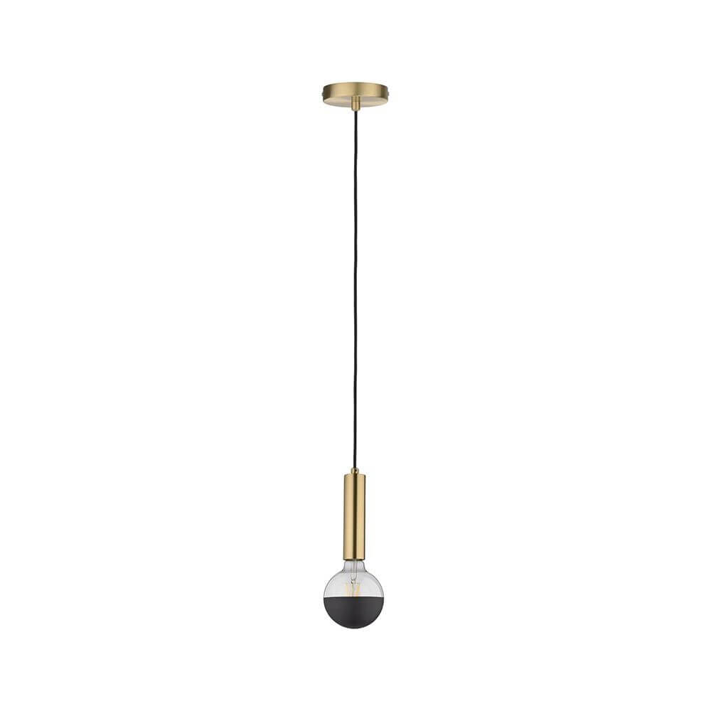 Neordic Pendelleuchte Kine Messing-Gebürstet im Vintagelook mit hängender Lampe und schwarzer Glaskugel.