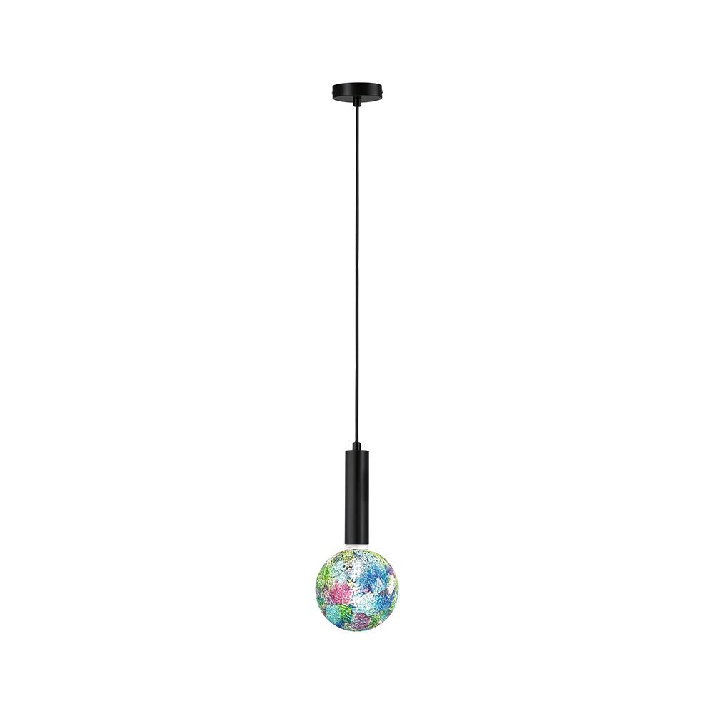 Pendelleuchte Kine mit buntem Glas und schwarzem Metall, ideal für E27 Leuchtmittel.