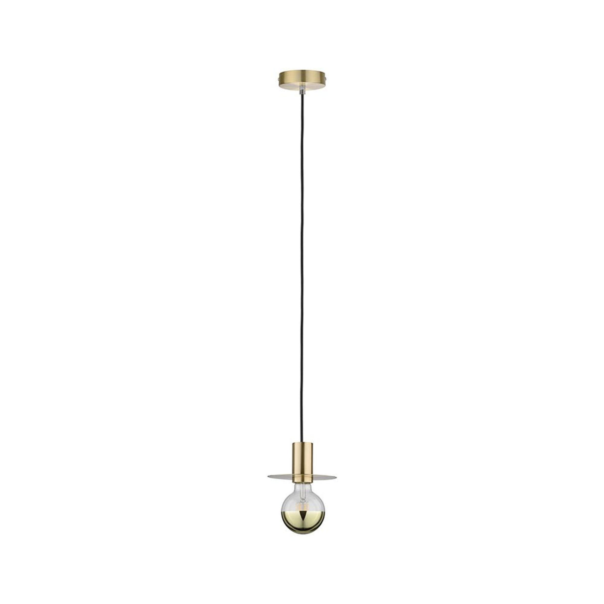 Neordic Pendelleuchte Stian Messing-Gebürstet mit transparenter Glühlampe und schwarzem Kabel.