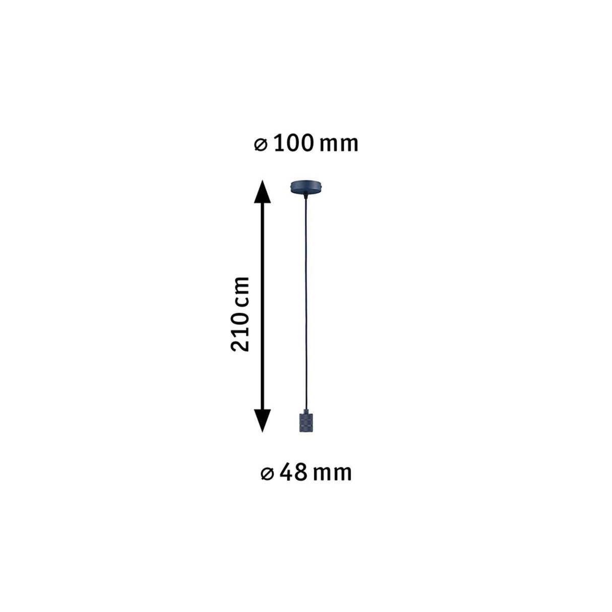 Maßzeichnung der Neordic Pendelleuchte Tilla Nachtblau Dimmbar Metall, 210 cm hoch, Durchmesser 100 mm und 48 mm.