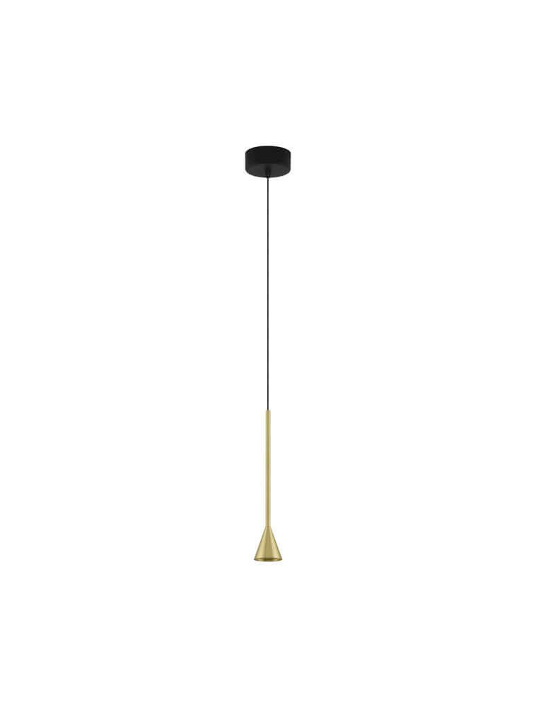 Alt Tag: Net LED Pendelleuchte Ø 6cm 3000K in mattem Schwarz mit goldfarbenem konischem Schirm, schlankes Aluminiumprofil, fokussiertes Downlight