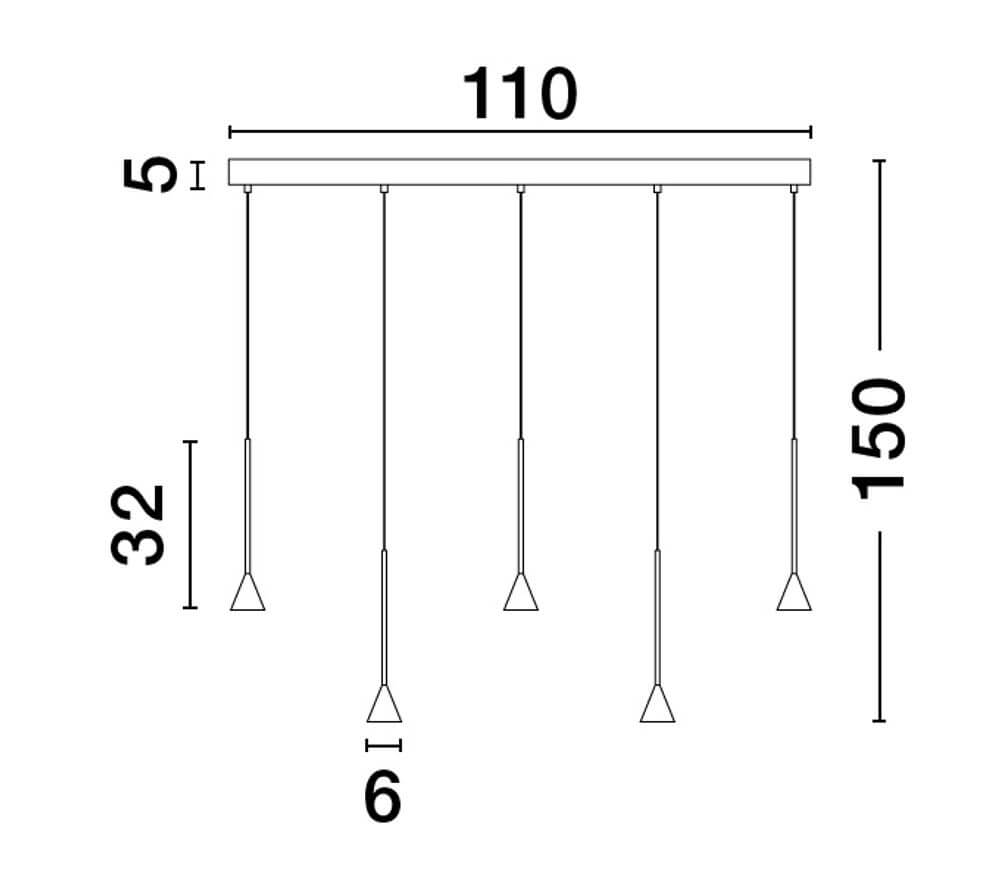 Net LED Pendelleuchte 5-flammig 3000K Schwarz technische Zeichnung Dimensionen 110x150cm