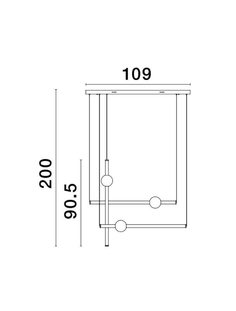 Neutron LED Pendelleuchte 3-flammig 3000K Gold Maßzeichnung von der modernen Hängelampe mit geometrischem Design.