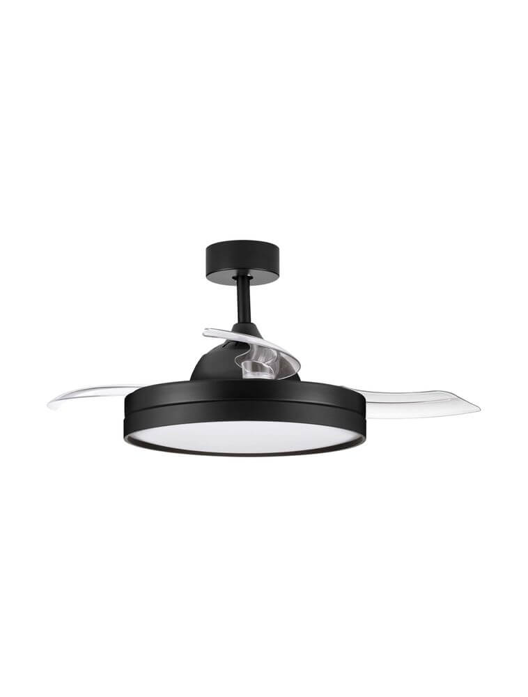 Nevma LED Ventilator Ø 107cm 3000, 4000, 6500K in elegantem Schwarz mit transparenten Blättern.