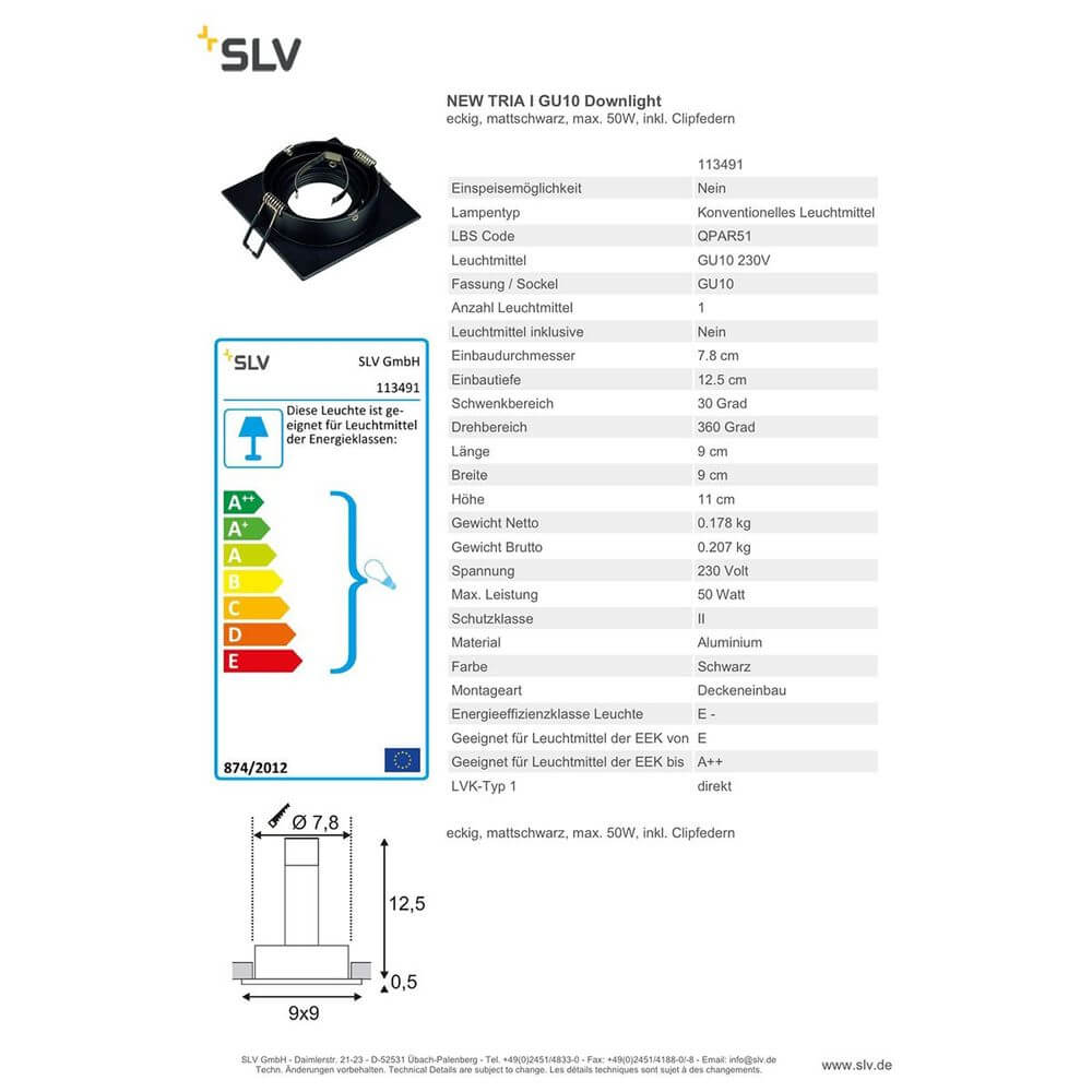 New Tria I GU10 Downlight eckig Schwarz max. 50W technische Details und Spezifikationen