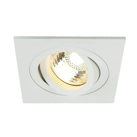 Hvit firkantet GU10-downlight med svingbar spot for halogen- eller LED-lyskilder, maks. 50W.