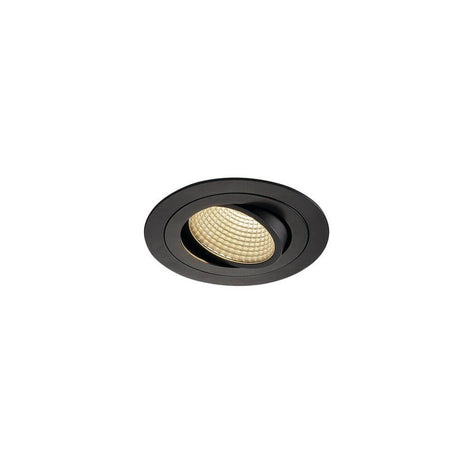 New Tria LED Downlight Round Black 12W 38° 3000K in swiveling design with warm white lighting.