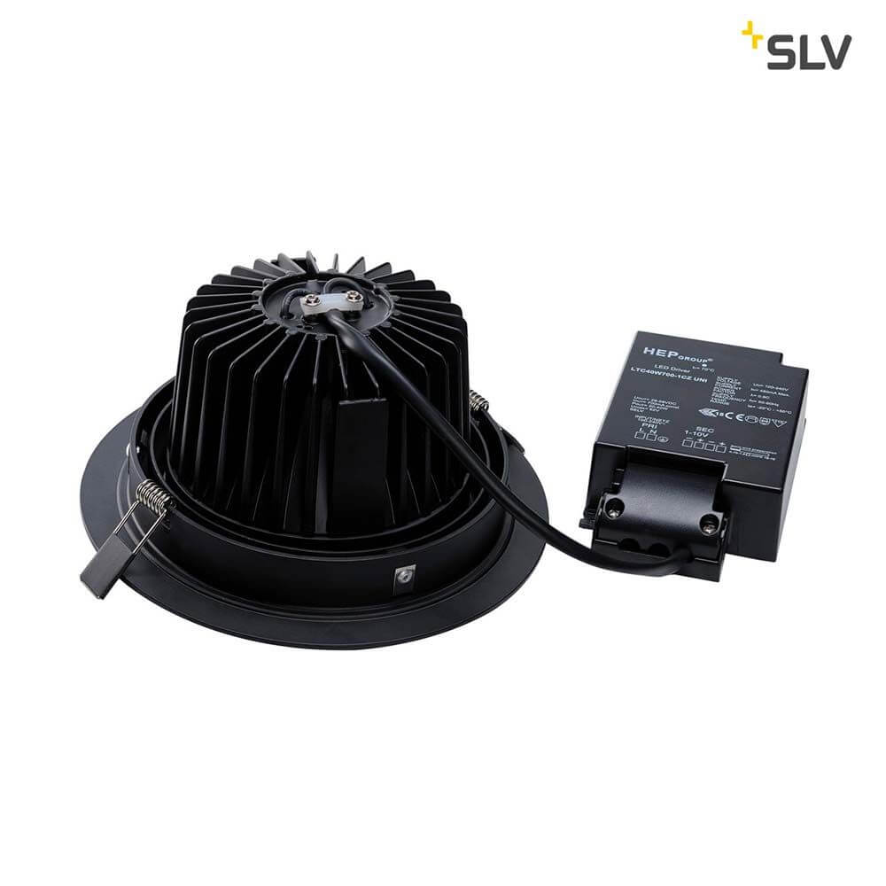 New Tria LED Downlight Round Schwarz 25W 30° 3000K mit schwarzem Gehäuse und LED-Treiber.