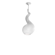 Futuristisk Alien-pendellampe i hvit av plast med tekstilkabel i moderne design.