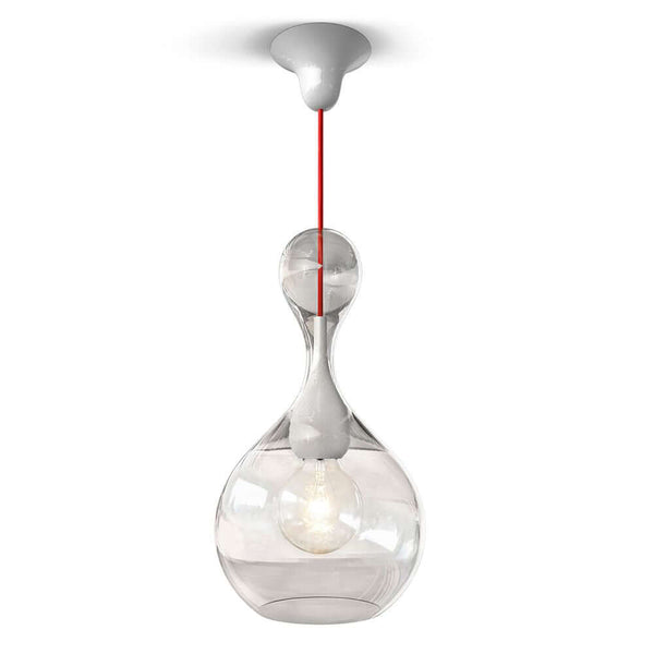 Blubb Glas-Pendellampe Mundgeblasen mit roter Textil-Aufhängung und eleganter Glasstruktur.