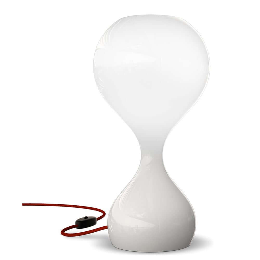 Moderne Blubb Tischlampe Glas mit Dimmer, gefertigt aus mundgeblasenem Glas mit rotem Stoffkabel.