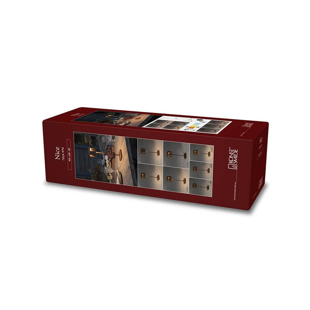 Nice LED Outdoor USB-Tischlampe CCT Verpackung mit Bildern und Farboptionen in Rostfarben und Schwarz.